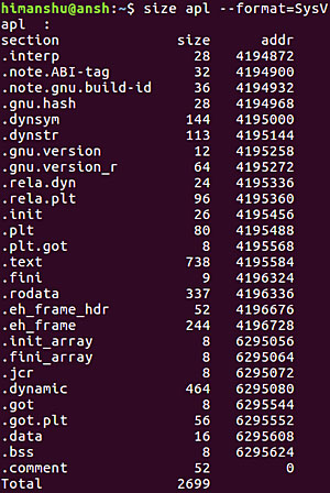 带你入门Linux中大小命令的6个例子”> <br/>
　　如何切换不同大小单位<br/>
　　</p>
　　<p>关于这些参数,男人页是这么说的:</p>
　　<blockquote>
　　<p> - </p>
　　<p> - o </p>
　　<p> - x </p>
　　<p>——基数=</p>数量
　　<p>使用这几个选项,你可以让各个段的大小以十进制(- d或——基数10),八进制(- o或——基数8);或十六进制(- x或——基数16)数字的格式显示。——基数号码只支持三个数值参数(8、10、16)。总共大小以两种进制给出;- d或- x的十进制和十六进制输出,或o的八进制和十六进制输出。</p>
　　</引用>
　　<p> <br/>
　　</p>
　　<p>如果你用大小一次性查找多个文件的段大小,则通过使用- t选项还可以让它显示各列值的总和。</p>
　　
　　<pre类=