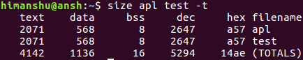 带你入门Linux中大小命令的6个例子”> <br/>
　　如何使大小命令显示所有对象文件总数<br/>
　　</p>
　　<p> - t选项让它多加了最后那一行。</p>
　　<p> <br/>
　　</p>
　　<p>若你为大小提供多个输入文件作为参数,而且想让它显示每个文件中公共符号(指常见段中的符号)的大小,则你可以带上——共同选项。</p>
　　
　　<pre类=