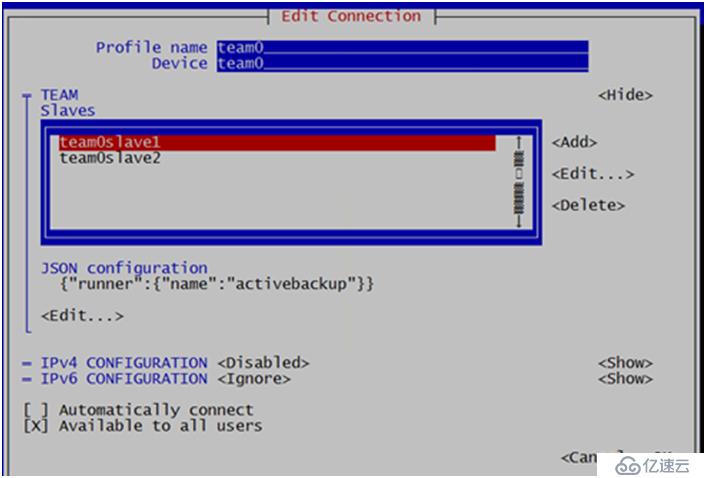 如何在CentOS7中配置高可用和带Vlan的网桥”> <br/>在团队中添加2个奴隶设备,编辑名字“team0slave1”、“slave2”之类,设备是以太网网卡“ens1f0