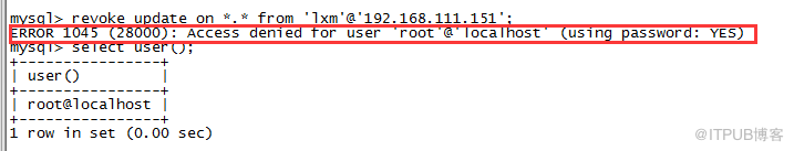  mysql的根用户无法给普通用户授权问题处理”> <br/>
　　可以看到Grant_priv是n很显然,因为root@localhost这个用户没有授予权限的权限,所以之前的操作报错。修改一下Grant_priv的值为Y,刷新下,然后退出重新登录。问题就解决了。<br/>
　　<p class=