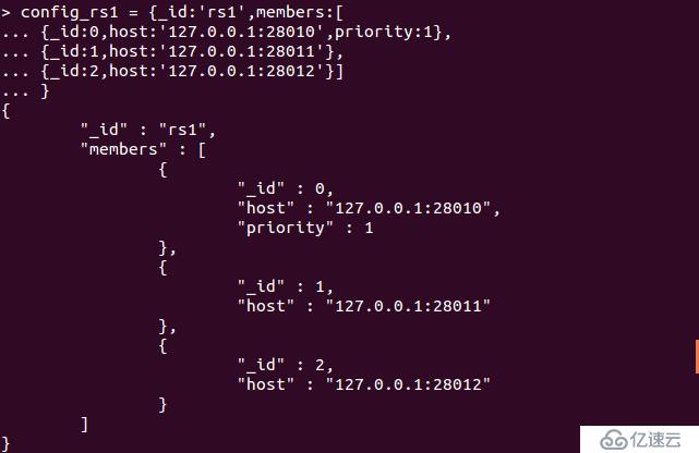  MongoDB实战(9)副本集副本集(上)> <br/> </p> <p>其中的{_id: 0,主持人:“127.0.0.1:28010”,优先级:1}说明一下:</p> <p>——成员,IP 及端口,优先级=1,指,主要<br/> <br/> 6,初始化配置</p> <pre类=八?bash;工具栏:假;”>比;rs.initiate (config_rs1);
　　{
　　“信息”:“现在配置保存在本地。应该> rs.status ()
　　{
　　“设置”:“rs1 