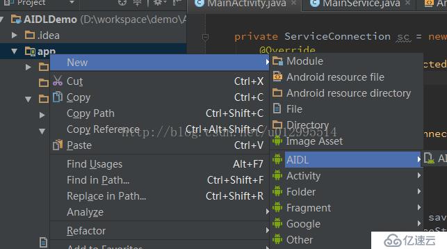  Android基础(八)——服务AIDL”> </p> <p>第二步:在新建的AIDL文件里写协议接口</p> <pre> interface  IMyAidlInterface  {
　　,,,void 下载(String 路径);
　　,,,,,//....
　　}
　　
　　第三步:确认包名无误的情况下,点build →Make 项目
　　
　　第四步:在提供服务的Service 里,添加</pre> <pre> IMyAidlInterface.Stub 小姐=,new  IMyAidlInterface.Stub (), {
　　,,@Override
　　,,,public  void 下载(String 路径),throws  RemoteException  {
　　
　　,,,,,,,Log.e(标签,“开始下载,——在“,+,路径);
　　
　　,,,}
　　};
　　
　　同时修改以前</> <>之前,@Override
　　,,,public  IBinder  onBind (Intent 意图),{
　　,,,,,,,//可取调用者传递,意图
　　,,,,,,,return 女士,,,,
　　,,,}</pre> <pre>第五步:调用者,,将兴建文件拷贝到工程下,,然后用BindService的方式连接即可,如下:</pre> <pre> BindService (binderIntent, new  ServiceConnection (), {
　　,,@Override
　　,,,public  void  onServiceConnected(名称、ComponentName  IBinder 服务),{
　　,,,,,,,myServiceAIDL =, IMyAidlInterface.Stub.asInterface(服务);
　　,,,,,,,try  {
　　,,,,,,,,,,,//通过AIDL远程调用
　　,,,,,,,,,,,Log.d(标签,“+ + start  + +“下载);
　　,,,,,,,,,,,myServiceAIDL.downLoad (“abc");
　　,,,,,,,},catch  (RemoteException  e), {
　　,,,,,,,,,,,e.printStackTrace ();
　　,,,,,,,}
　　,,,}
　　
　　,,@Override
　　,,,public  void  onServiceDisconnected (ComponentName 名称),{
　　
　　,,,}
　　},,BIND_AUTO_CREATE); </pre> <p> <br/> </p><h2 class=