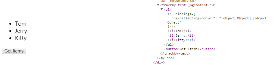 角利用trackBy提升性能的方法”> <br/>
　　</p>
　　<p>这样做的弊端是会进行大量的DOM操作,而DOM操作是非常消耗性能的。<br/>
　　</p>
　　<p>那么解决方案是,为* ngFor添加一个trackBy函数,告诉角该怎么跟踪集合的各项.trackBy函数需要两个参数,第一个是当前项的指数,第二个是当前项,并返回一个唯一的标识,就像这样:</p>
　　
　　<pre类=