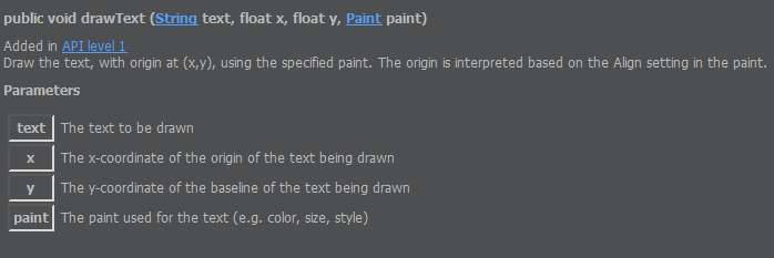  android帆布drawText()文字居中效果”> <br/>
　　</p>
　　<p>而drawText()方法中x, y坐标所指的点就是上图基线上三个点中的一个,具体是哪一个根据油漆的setTextAlign()方法设置,默认为左<br/>
　　示例代码如下<br/>
　　</p>
　　
　　<pre类=
