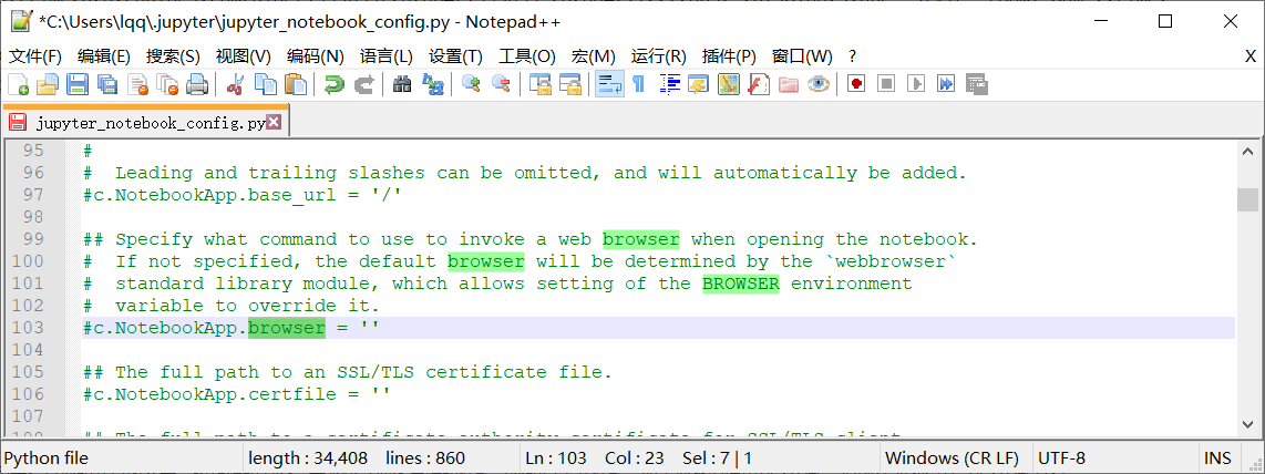  Jupyter笔记本指定浏览器打开的实现方法”> <br/> </p> <p>将# c.NotebookApp。浏览器=& # 39;& # 39;修改代码如下</p> <pre class=