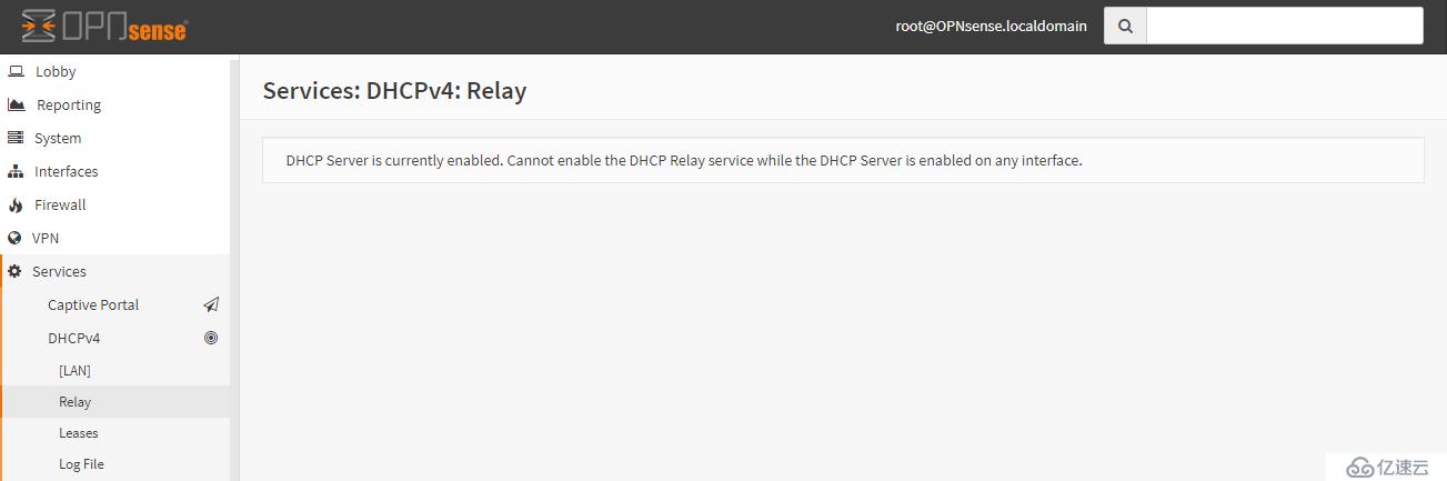 【OPNsense】18.1踩坑记录之一:接口,DHCP服务,DHCP中继“> </p>
　　<p> 1,排查接口:<br/>发现在存接口在一个关闭状态的接口,启用之后再检查服务下的DHCP服务,发现了这个接口的DHCP服务是启用状态。关闭之后,DHCP中继功能马上就可以使用了。与此同时,进入防火墙检查之前的配置,发现配置过的规则还在。</p>
　　<p> 2,额外测试:<br/>先把DHCP中继关闭,然后打开这个接口的DHCP服务,让DHCP中继不能启用。然后进入接口,停用这个接口并进入作业把这个接口直接移除。最后直接进入DHCP中继,不再提示DHCP服务正在运行,可以启用DHCP中继。</p>
　　<p>由此我们可以得知,OPNsense的接口的停用和移除是有区别的:<br/> 1,停用将会使接口的相关配置会在GUI上隐藏,但是保留这个接口的所有配置。<br/> 2,移除将会删除这个接口的所有配置。</p>
　　<p>题外话:官方的管理员在我提问这个问题时表示也不清楚这个情况……</p><h2 class=