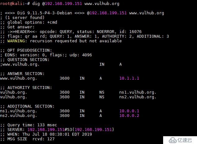  dns域传送漏洞”> <br/>可见,我获取到了vulhub.org的所有子域名记录,这里存在dns域传送漏洞。<br/> 3。我们也可以用nmap脚本来扫描该漏洞:nmap dns-zone-transfer——脚本。分析了无——script-args“dns-zone-transfer.domain=vulhub.org